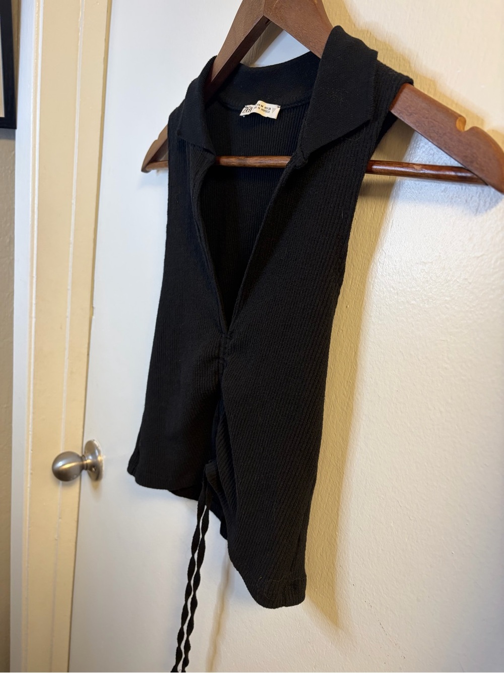 Zara Black Ribbed Collared Ruched Drawstring Tank Top Size M - Picture 6 of 11